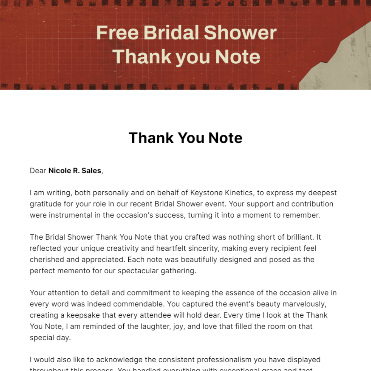 Bridal Shower Thank you Note Template