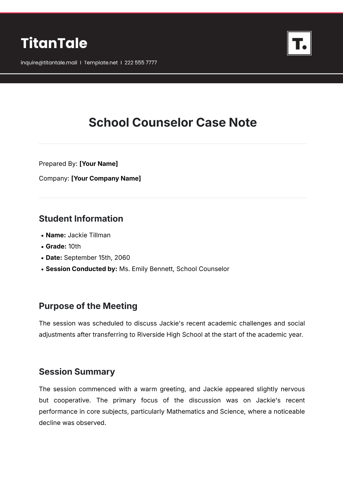 Free School Counselor Case Note Template