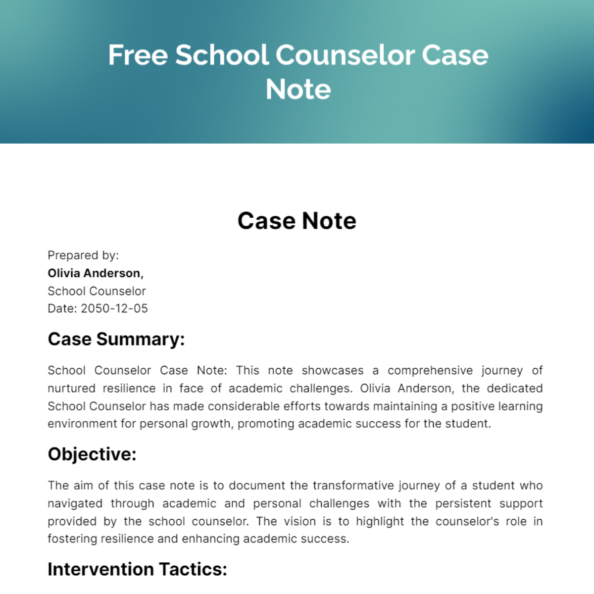 School Counselor Case Note Template