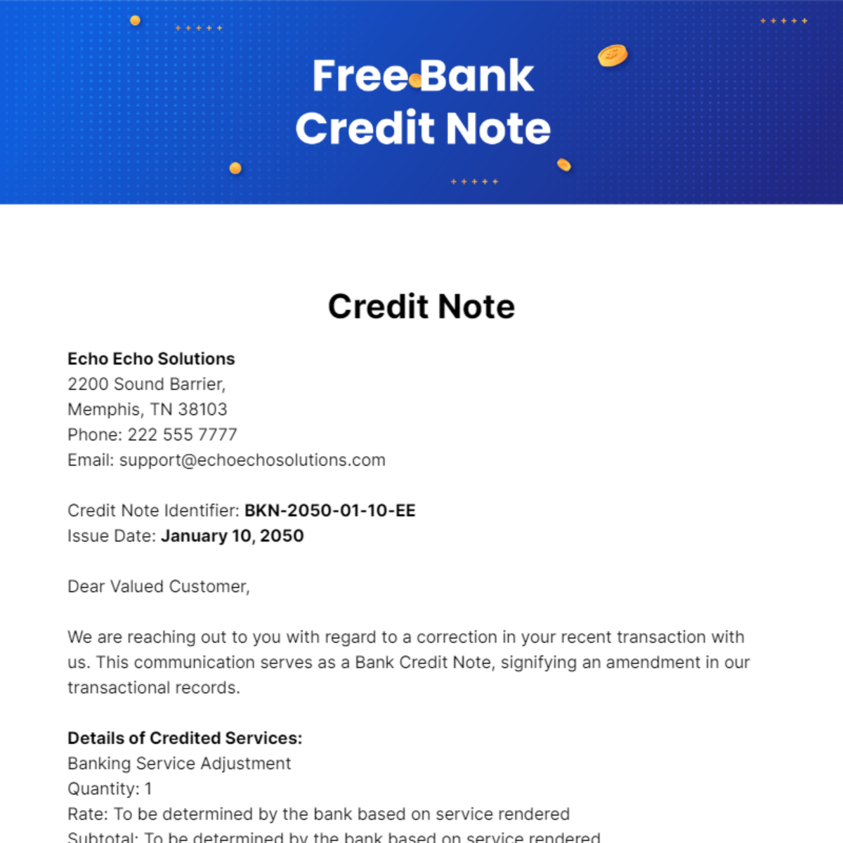 Free Bank Credit Note Template