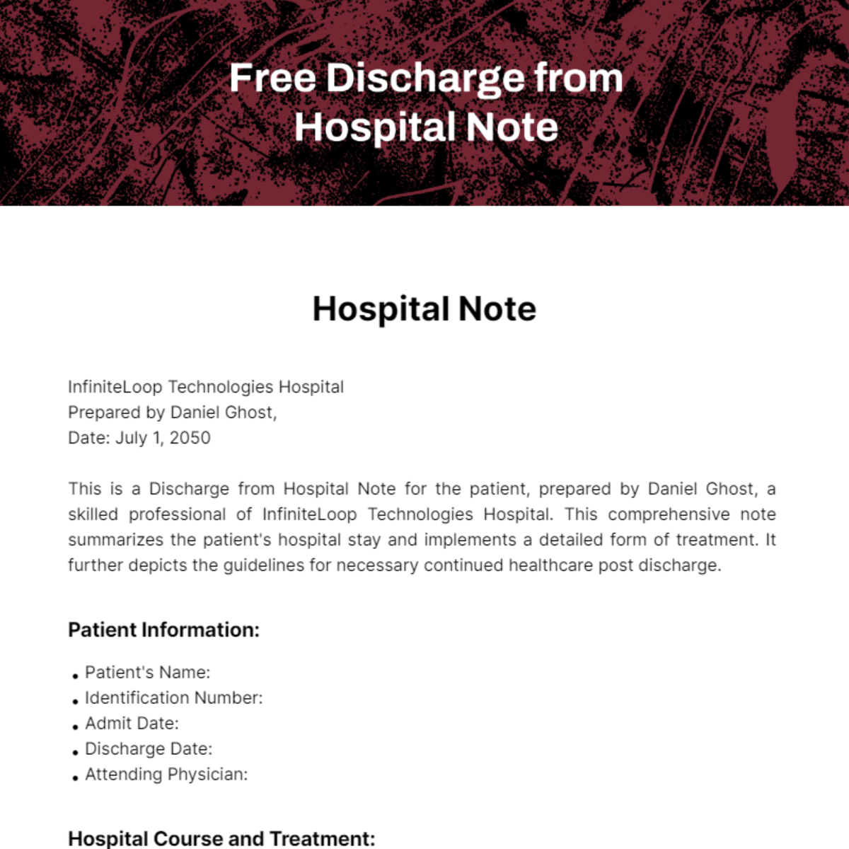 Free Discharge from Hospital Note Template
