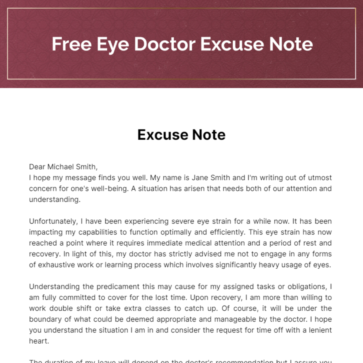 Free Eye Doctor Excuse Note Template