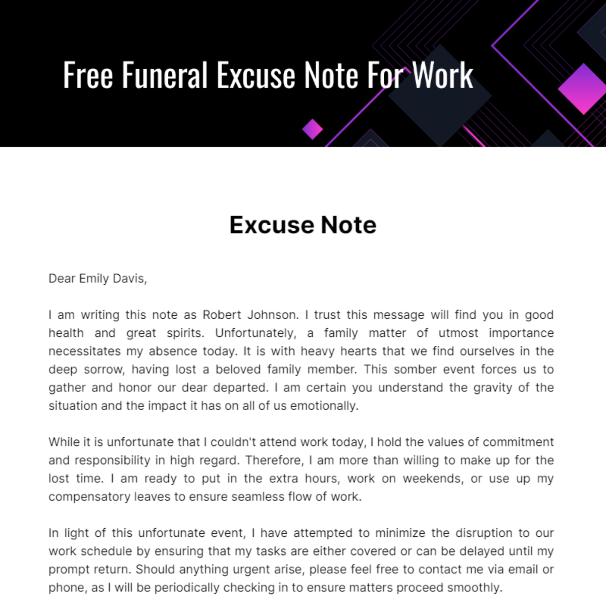 Funeral Excuse Note For Work Template