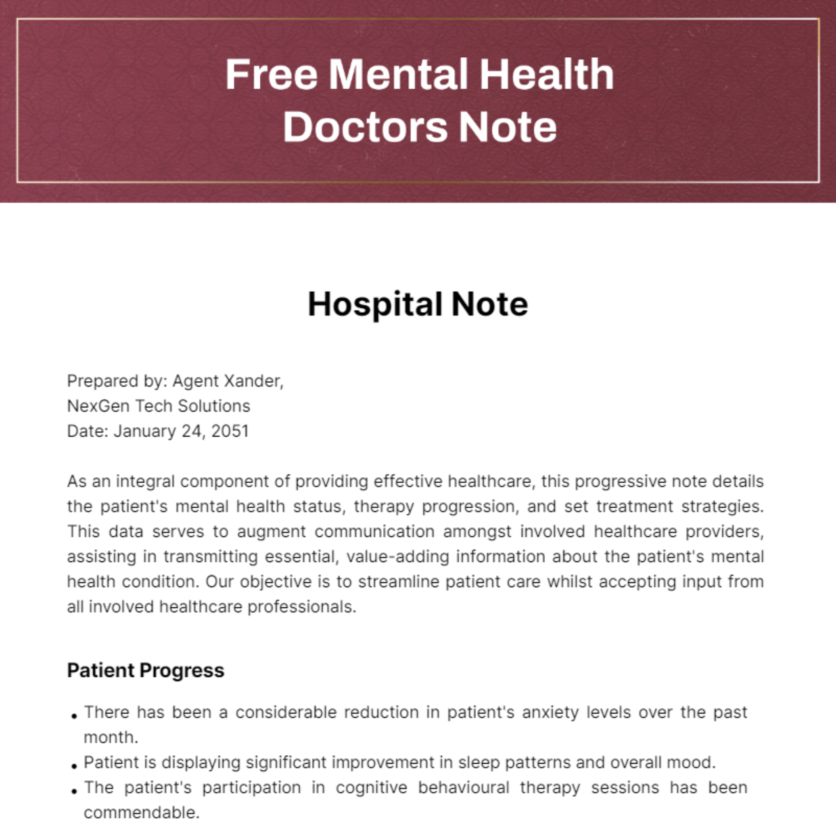 Free Mental Health Doctors Note Template