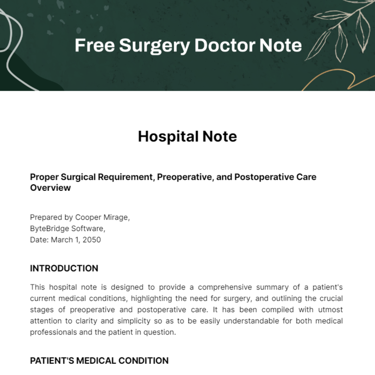 Surgery Doctor Note Template