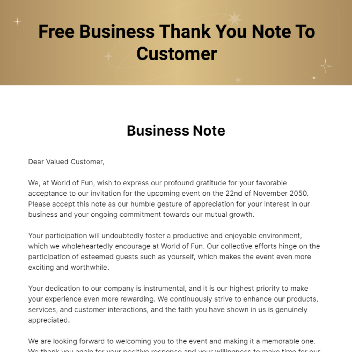 Free Business Thank you Note to Customer Template