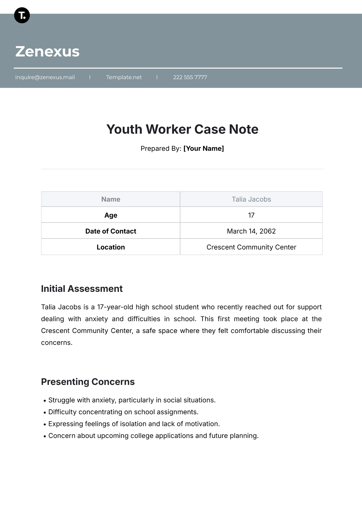 Youth Worker Case Note Template