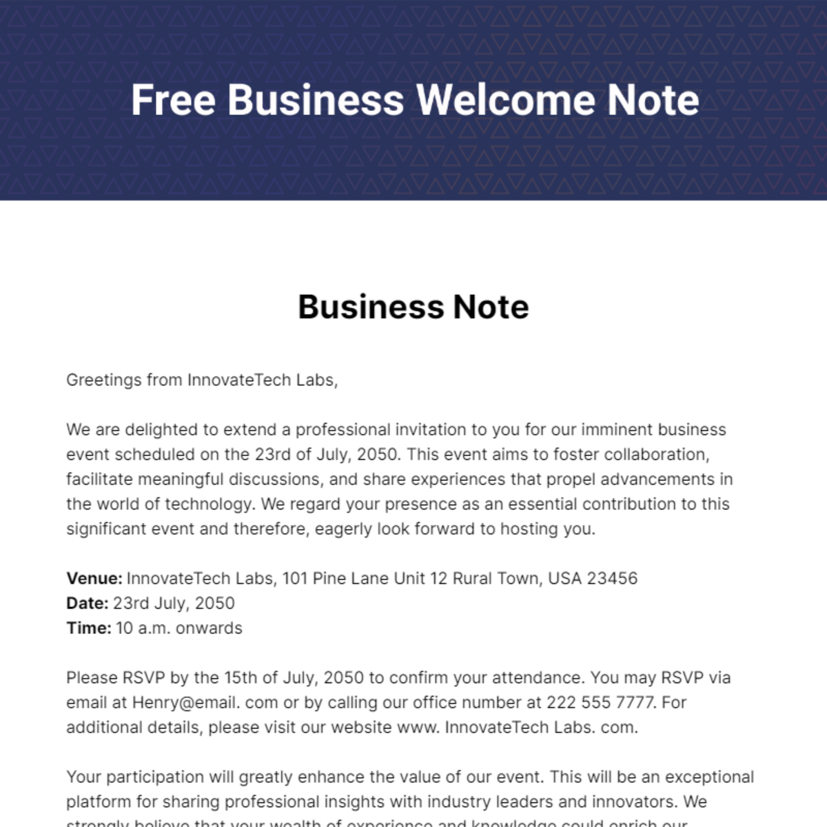 Business Welcome Note Template