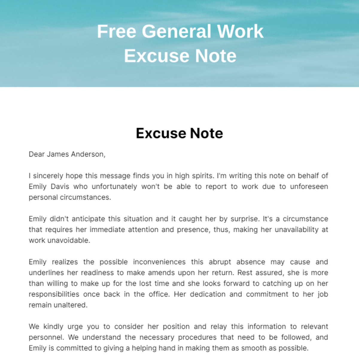 Free General Work Excuse Note Template