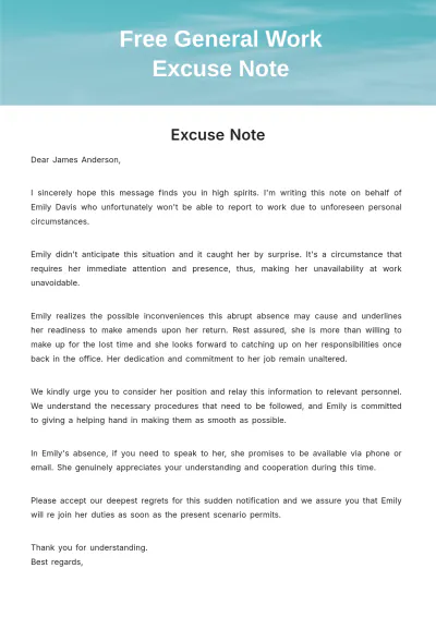 Free General Work Excuse Note Template to Edit Online