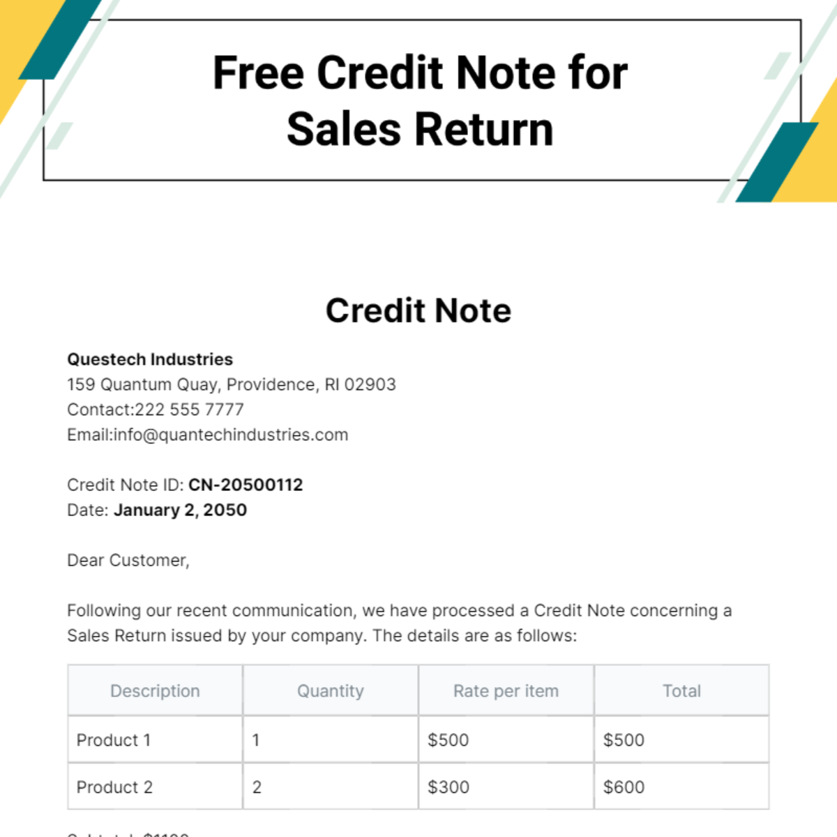 Credit Note for Sales Return Template