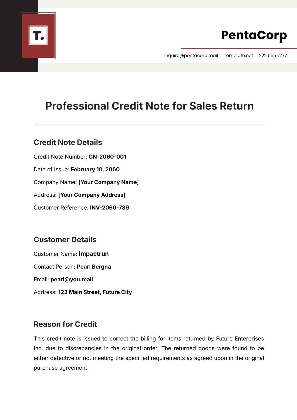 Professional Credit Note for Sales Return Template - Edit Online & Download