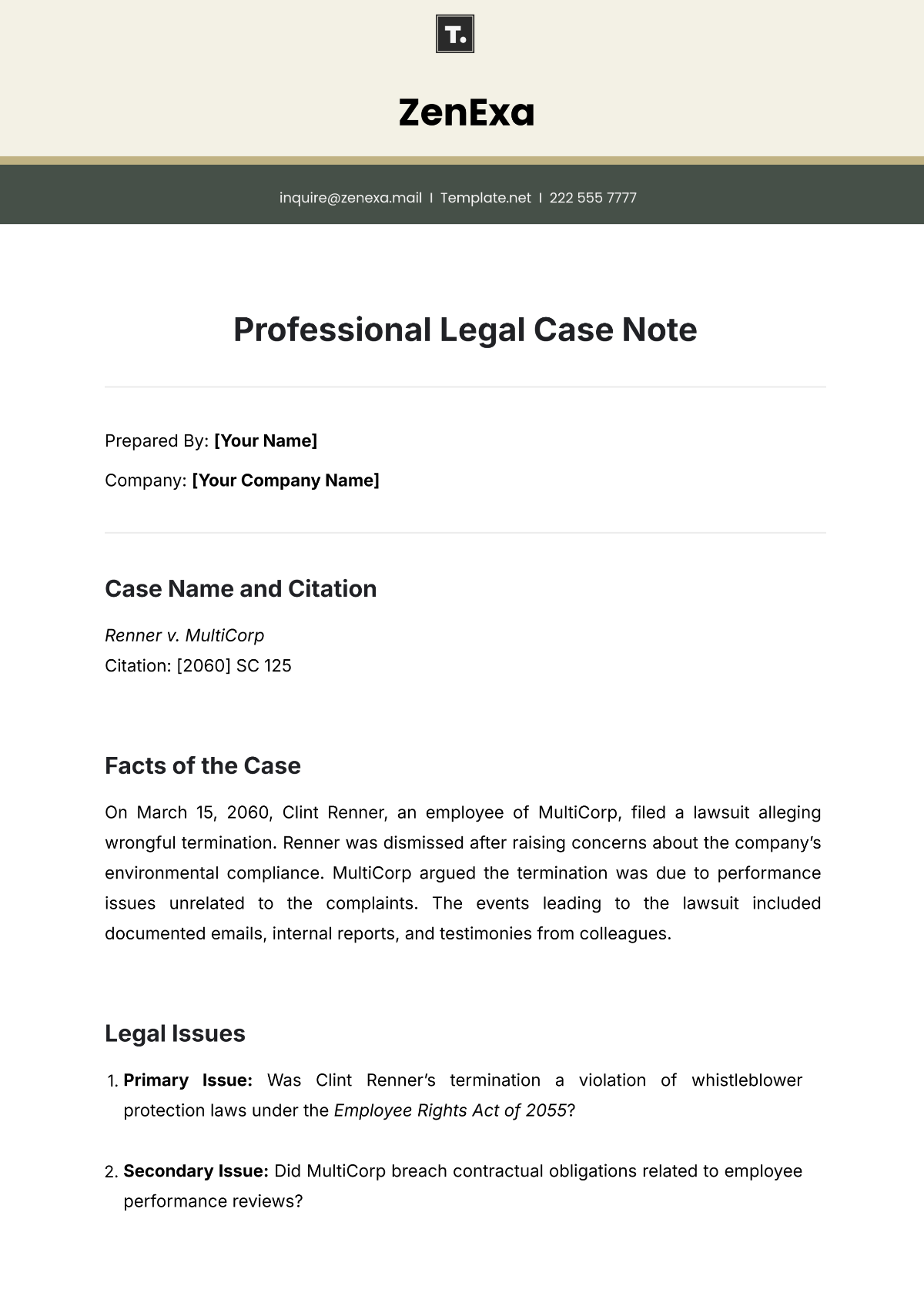 Free Professional Legal Case Note Template