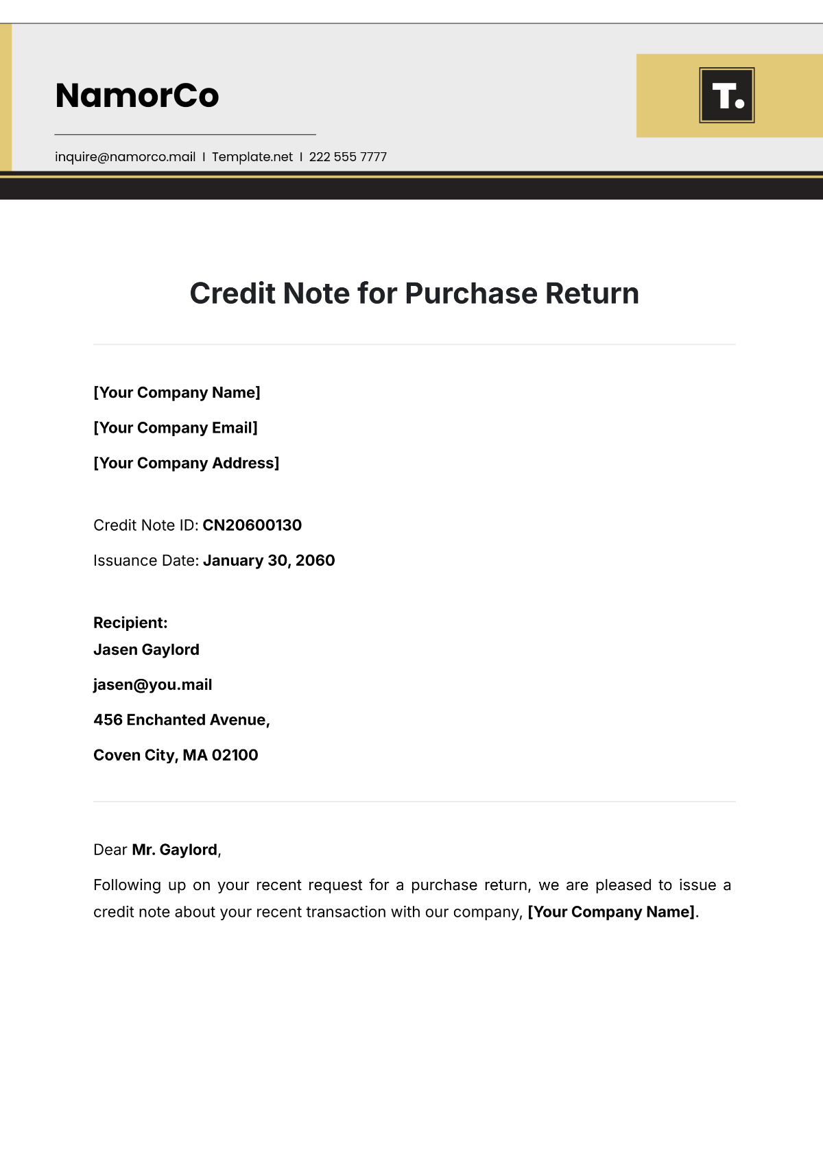 Credit Note for Purchase Return Template - Edit Online & Download