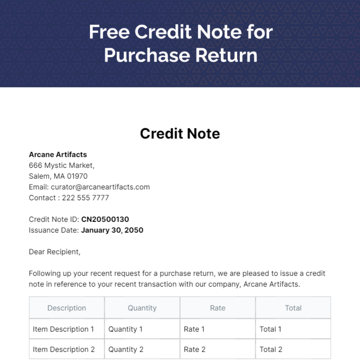 Credit Note for Purchase Return Template
