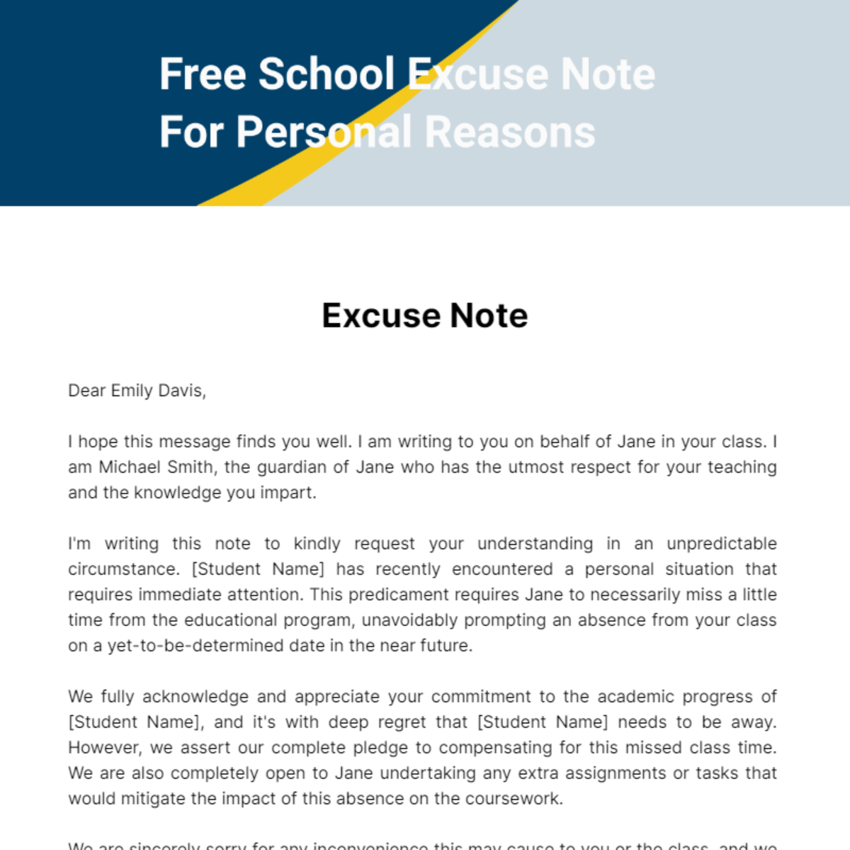 Free School Excuse Note For Personal Reasons Template