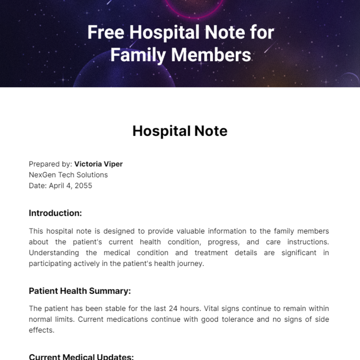 Hosptial Note for Family Members Template