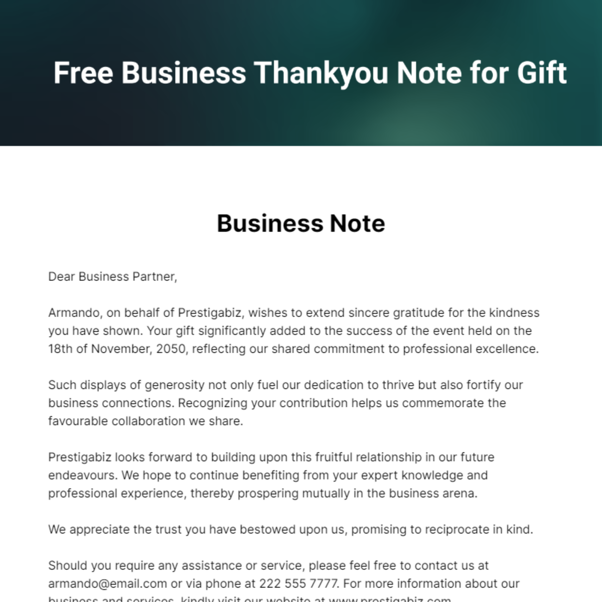 Free Business Thankyou Note for Gift Template