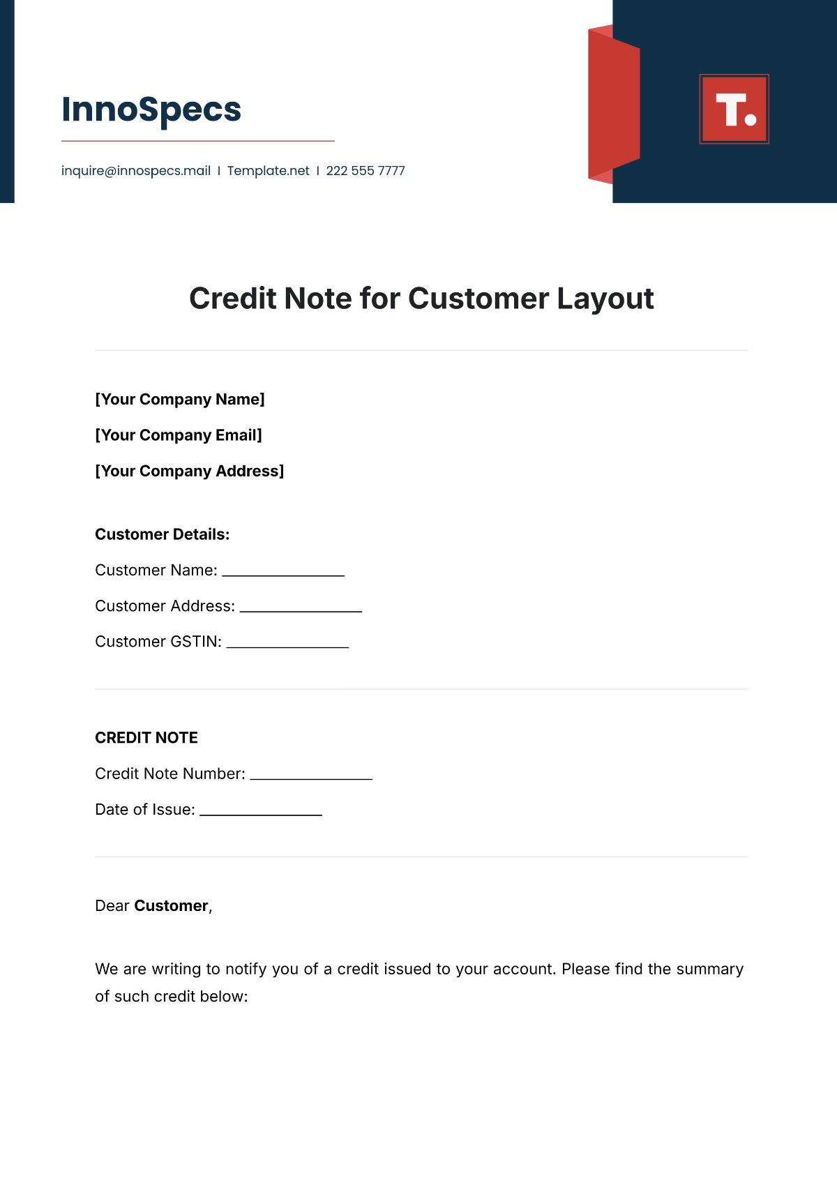 Credit Note for Customer Layout Template - Edit Online & Download