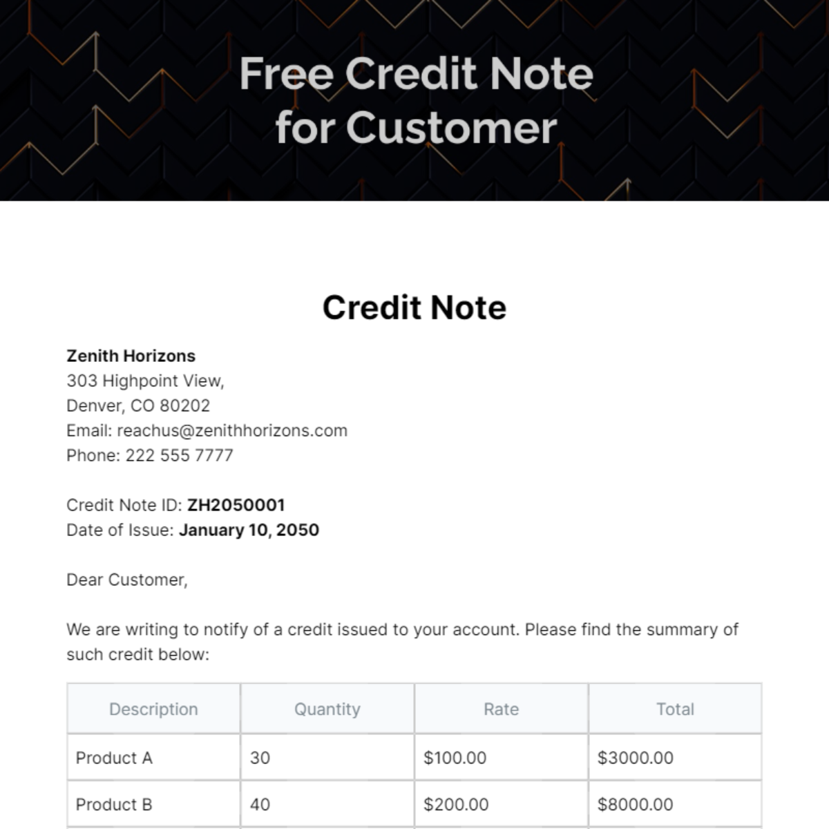 Free Credit Note for Customer Template