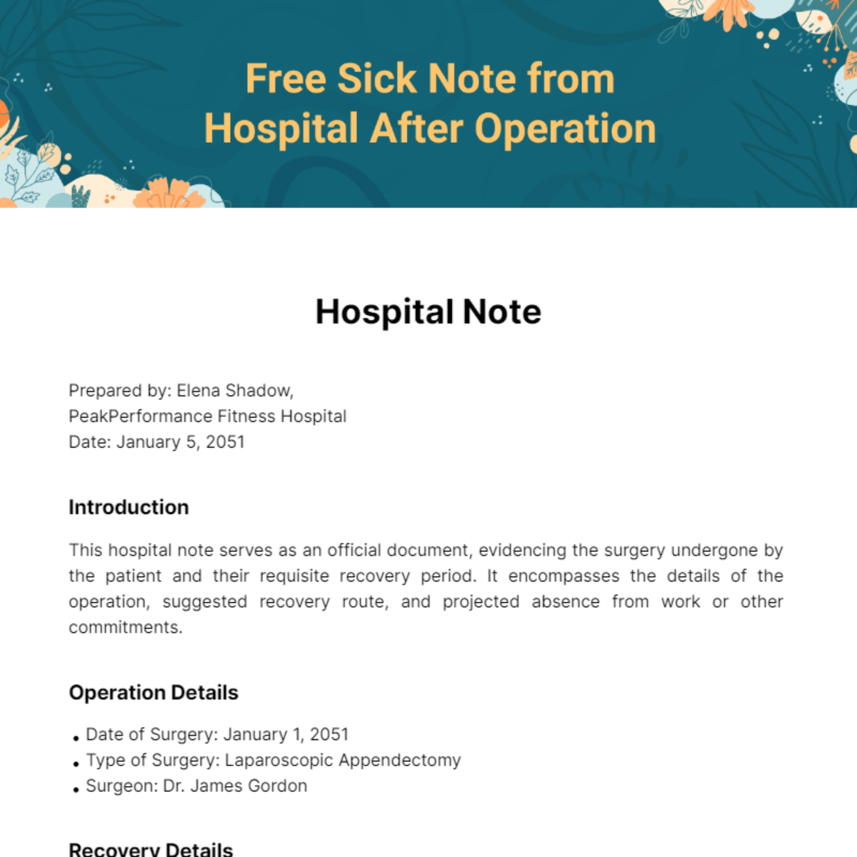 Free Sick Note from Hospital after Operation Template