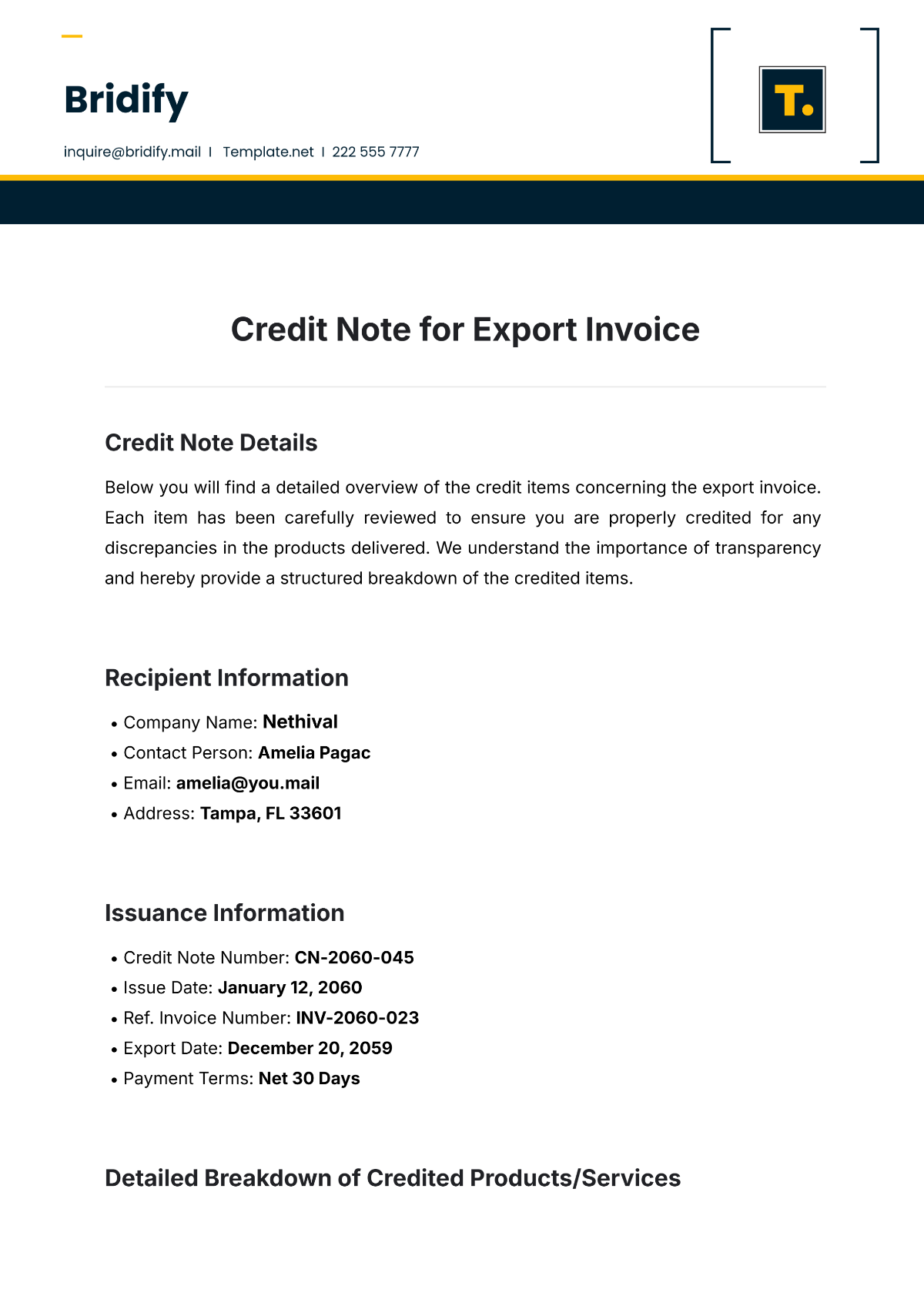 Credit Note for Export Invoice Template - Edit Online & Download