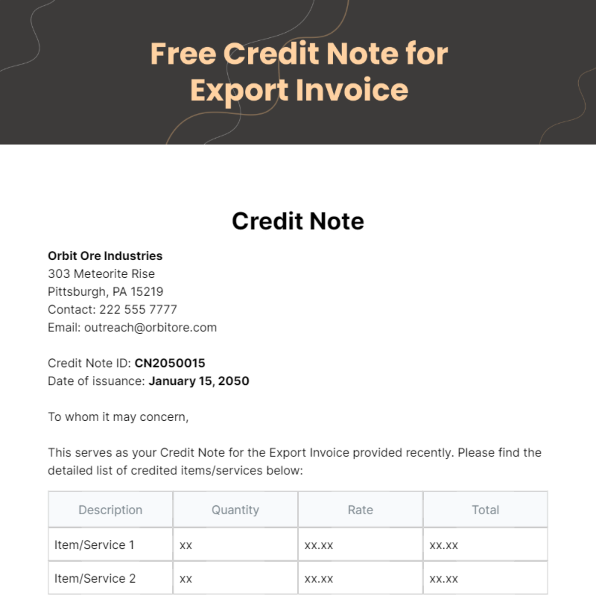 Credit Note for Export Invoice Template