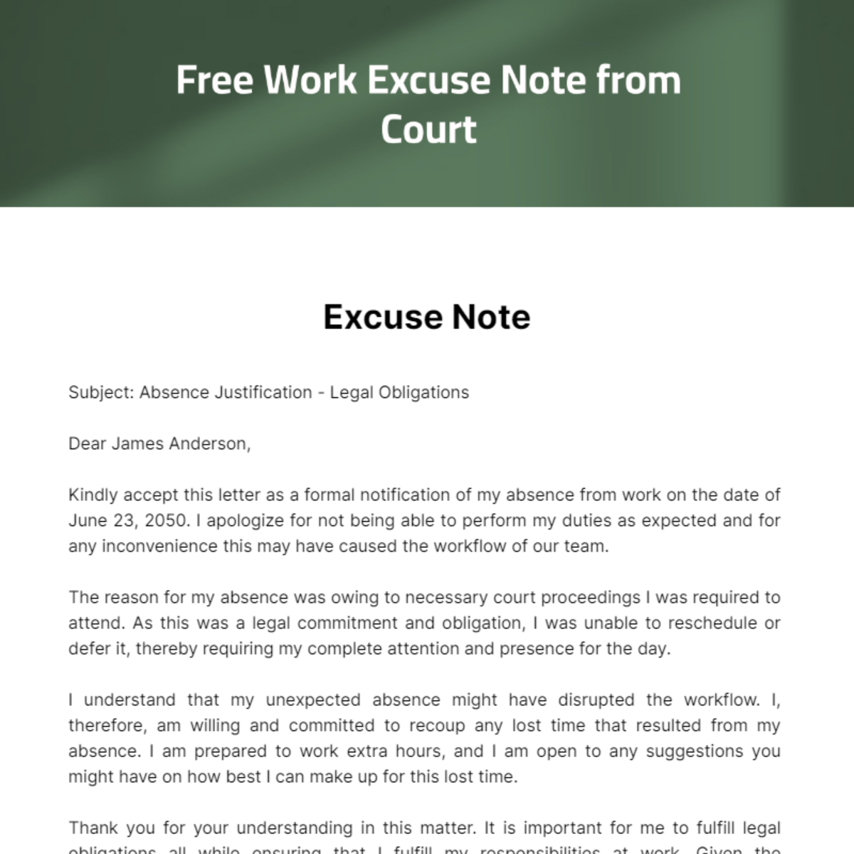 Work Excuse Note From Court Template