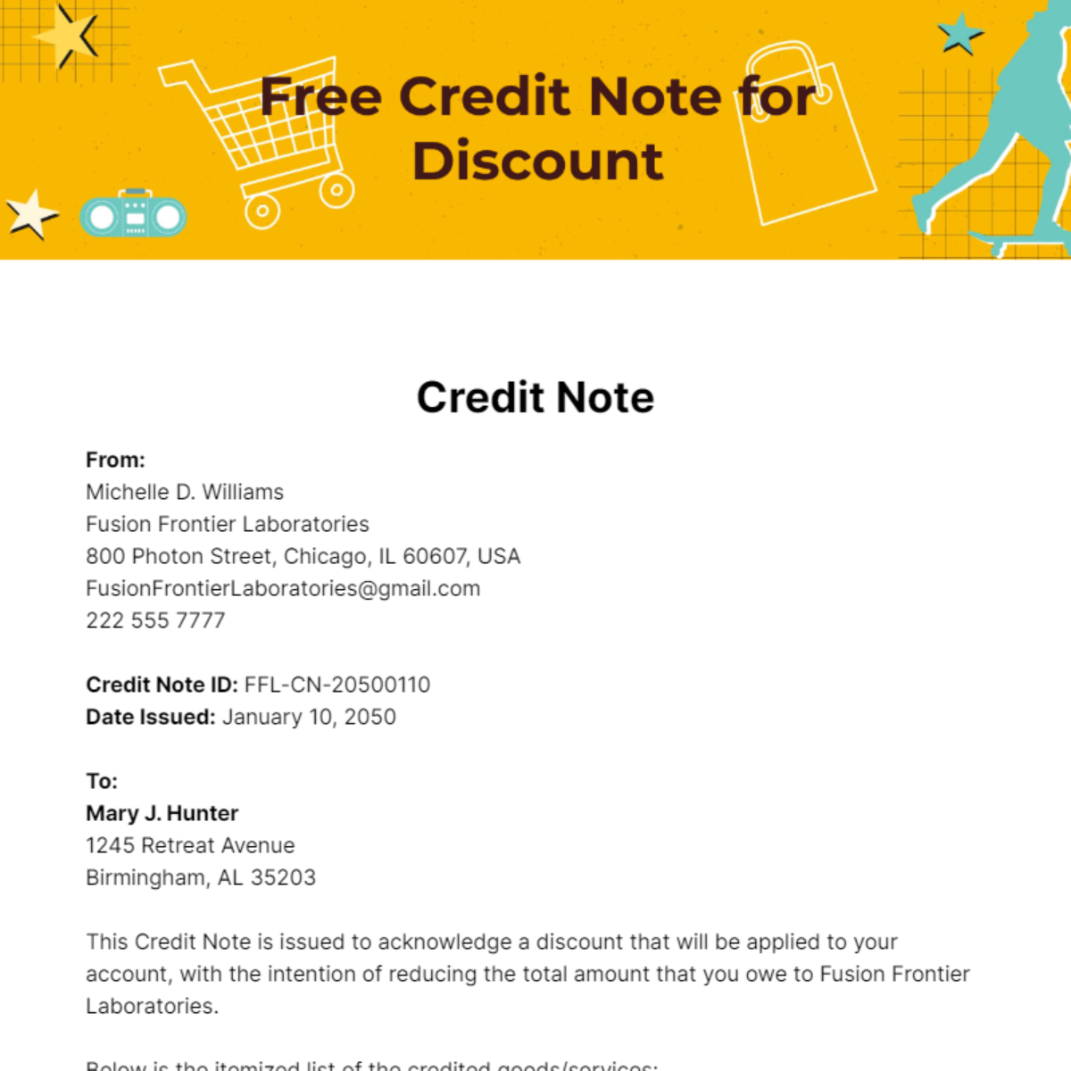 Free Credit Note for Discount Template