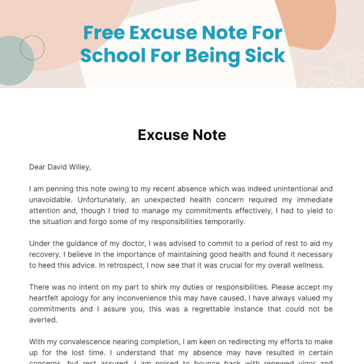 Excuse Note For School For Being Sick Template