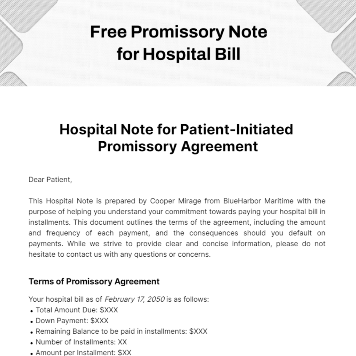 Promissory Note for Hospital Bill Template
