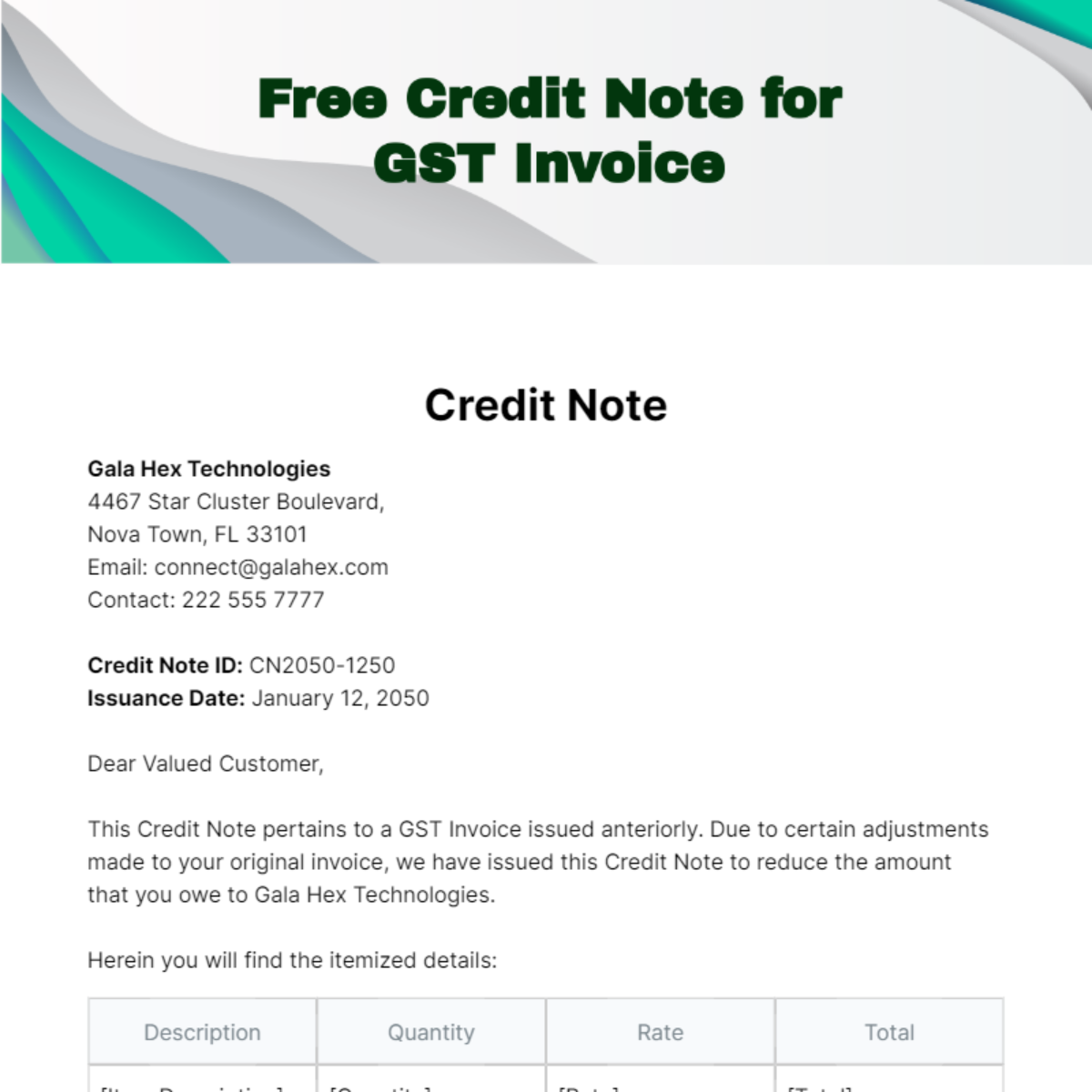 Free Credit Note for GST Invoice Template