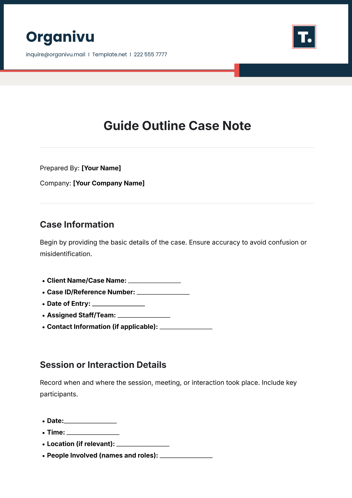 Guide Outline Case Note Template