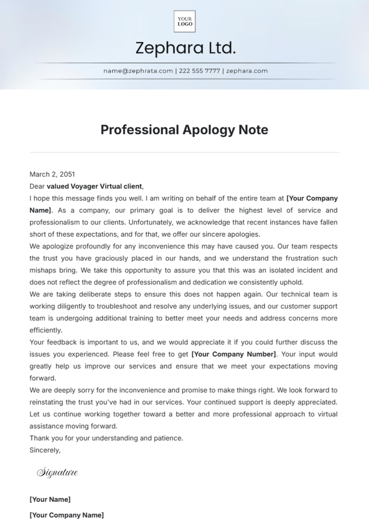 Professional Apology Note Template