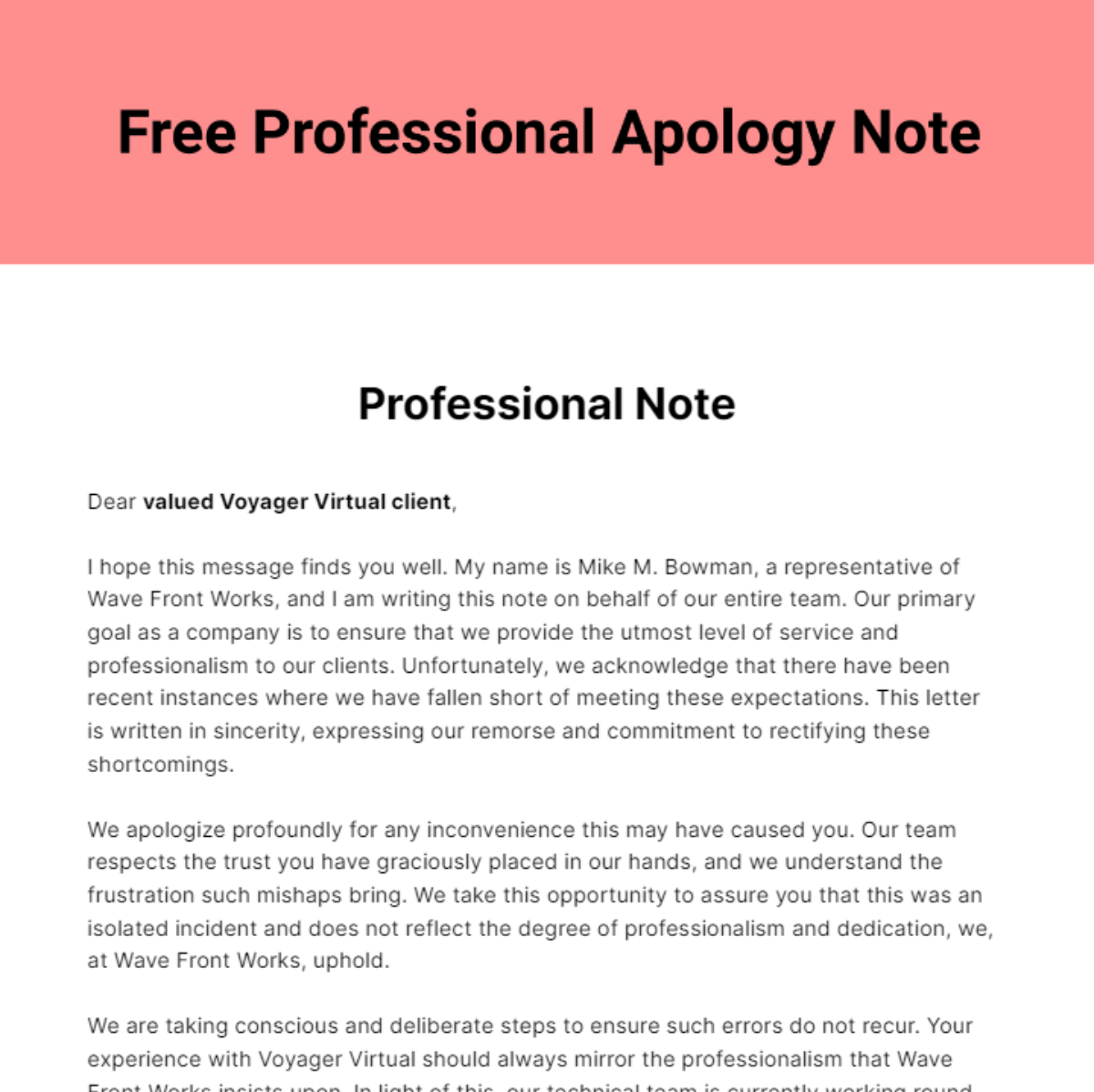 Free Professional Apology Note Template