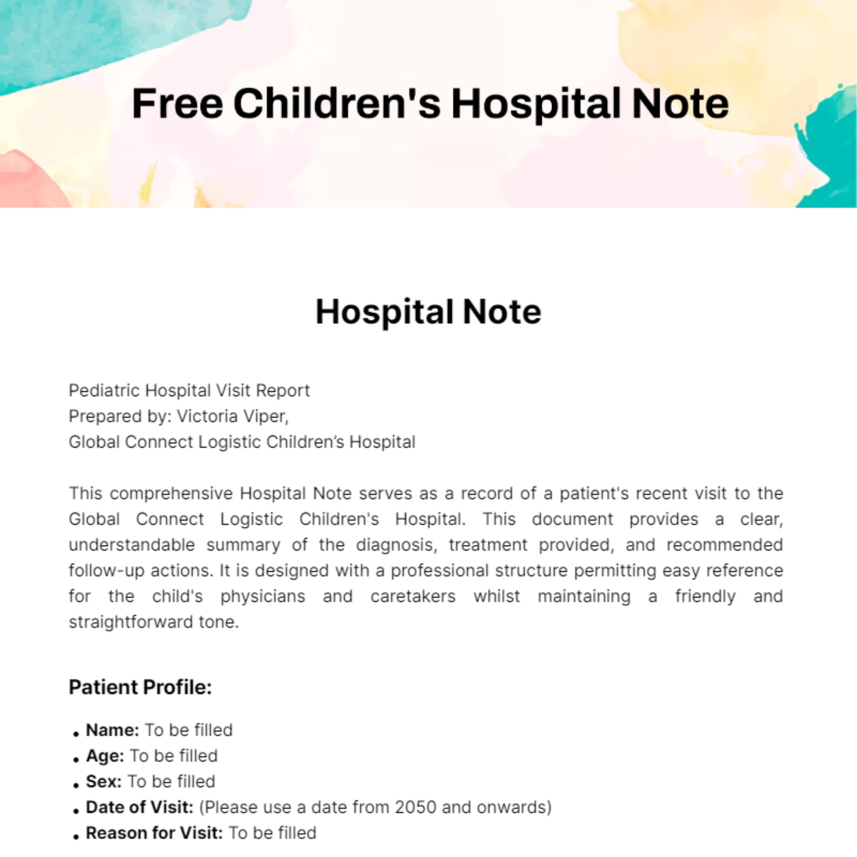 Children's Hospital Note Template