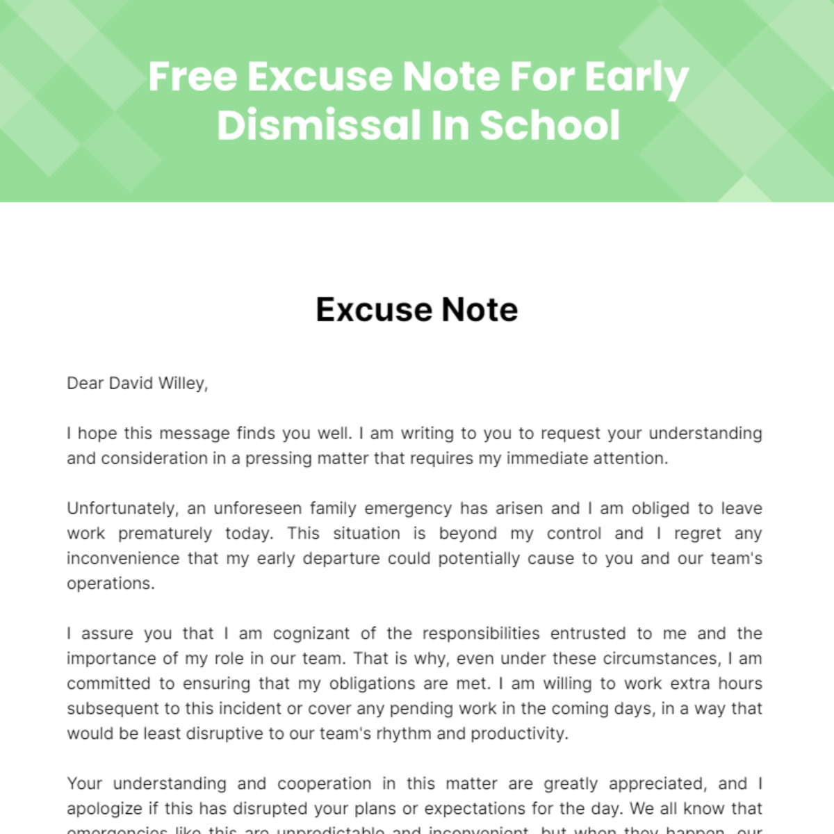 Free Excuse Note For Early Dismissal In School Template