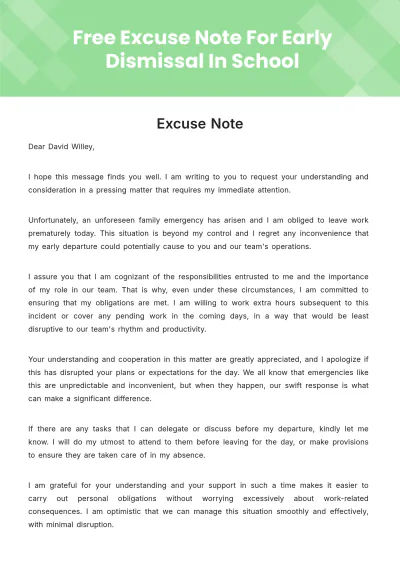 Free Excuse Note For Early Dismissal In School Template to Edit Online