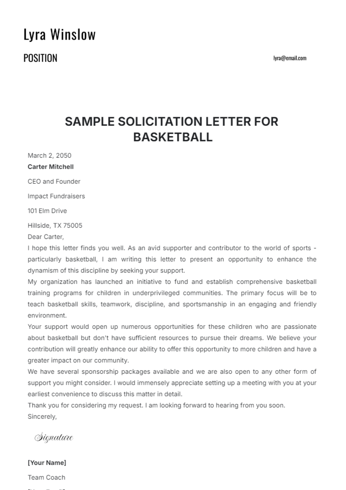 Sample Solicitation Letter for Basketball Template - Edit Online & Download