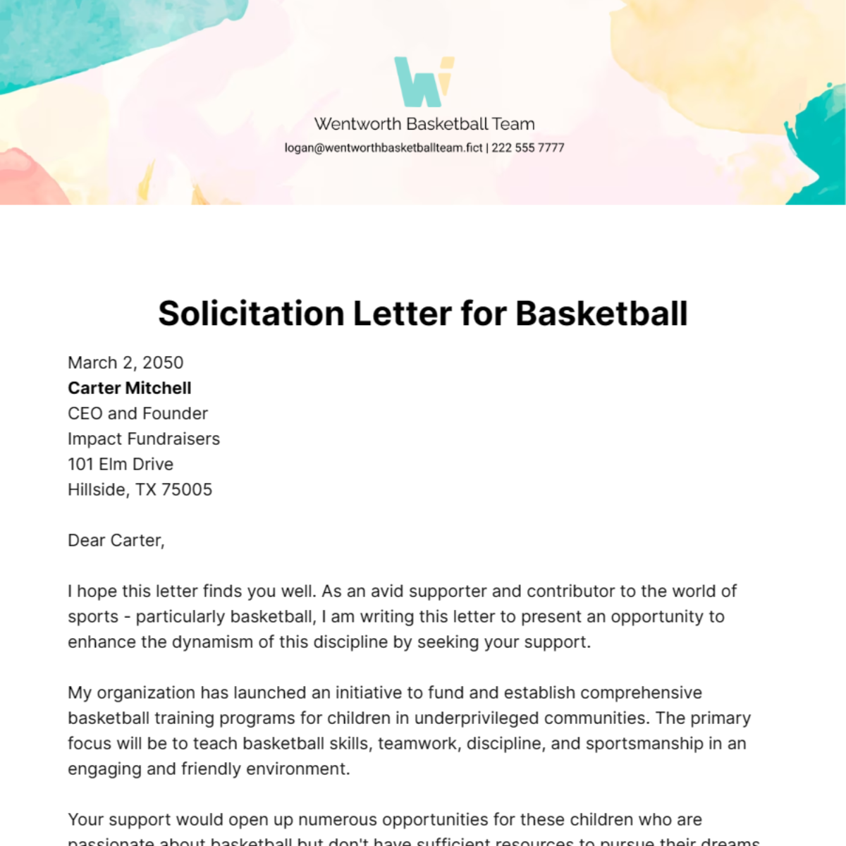 Solicitation Letter for Basketball Template