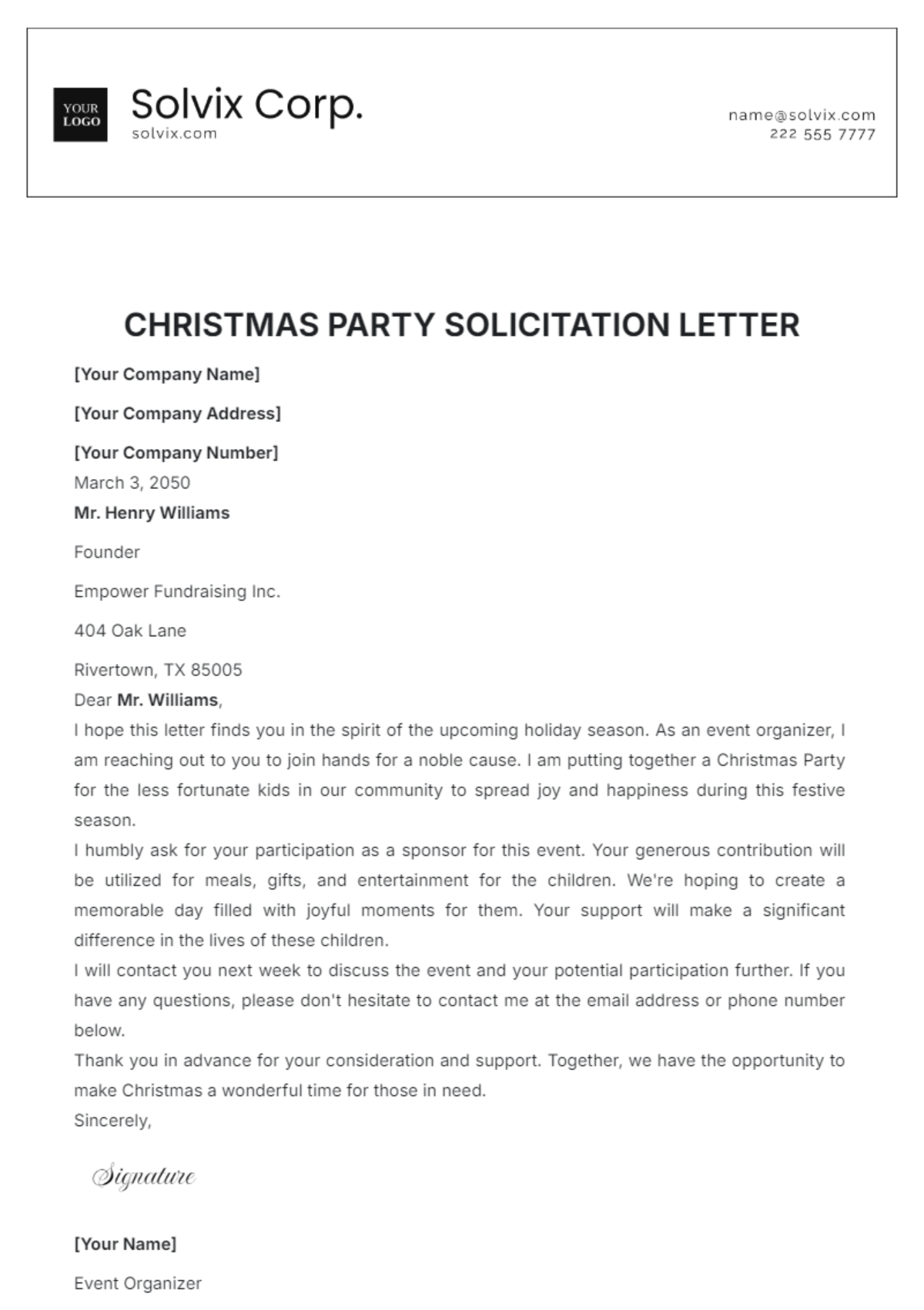 Christmas Party Solicitation Letter Template - Edit Online & Download