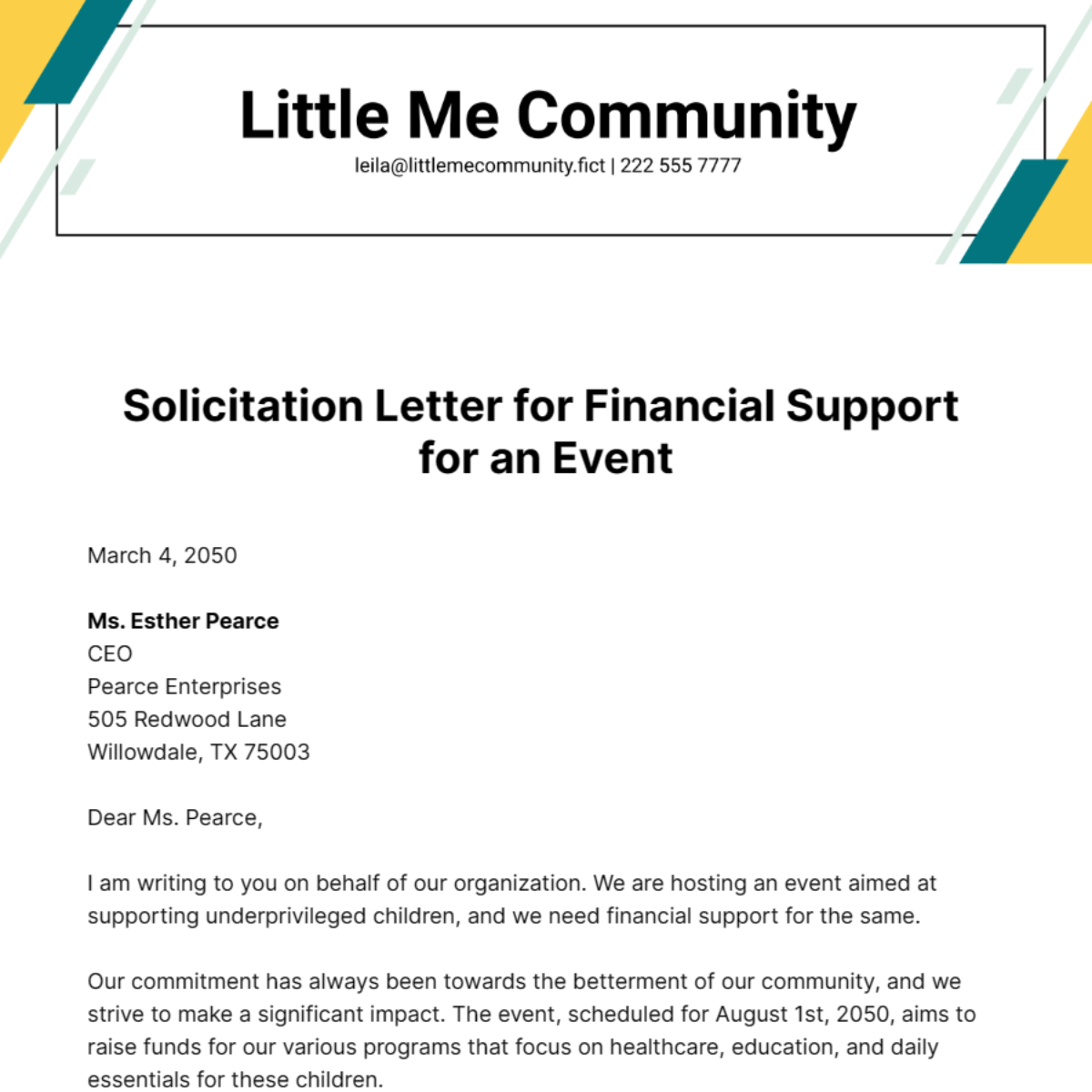 Free Solicitation Letter for Financial Support for an Event Template