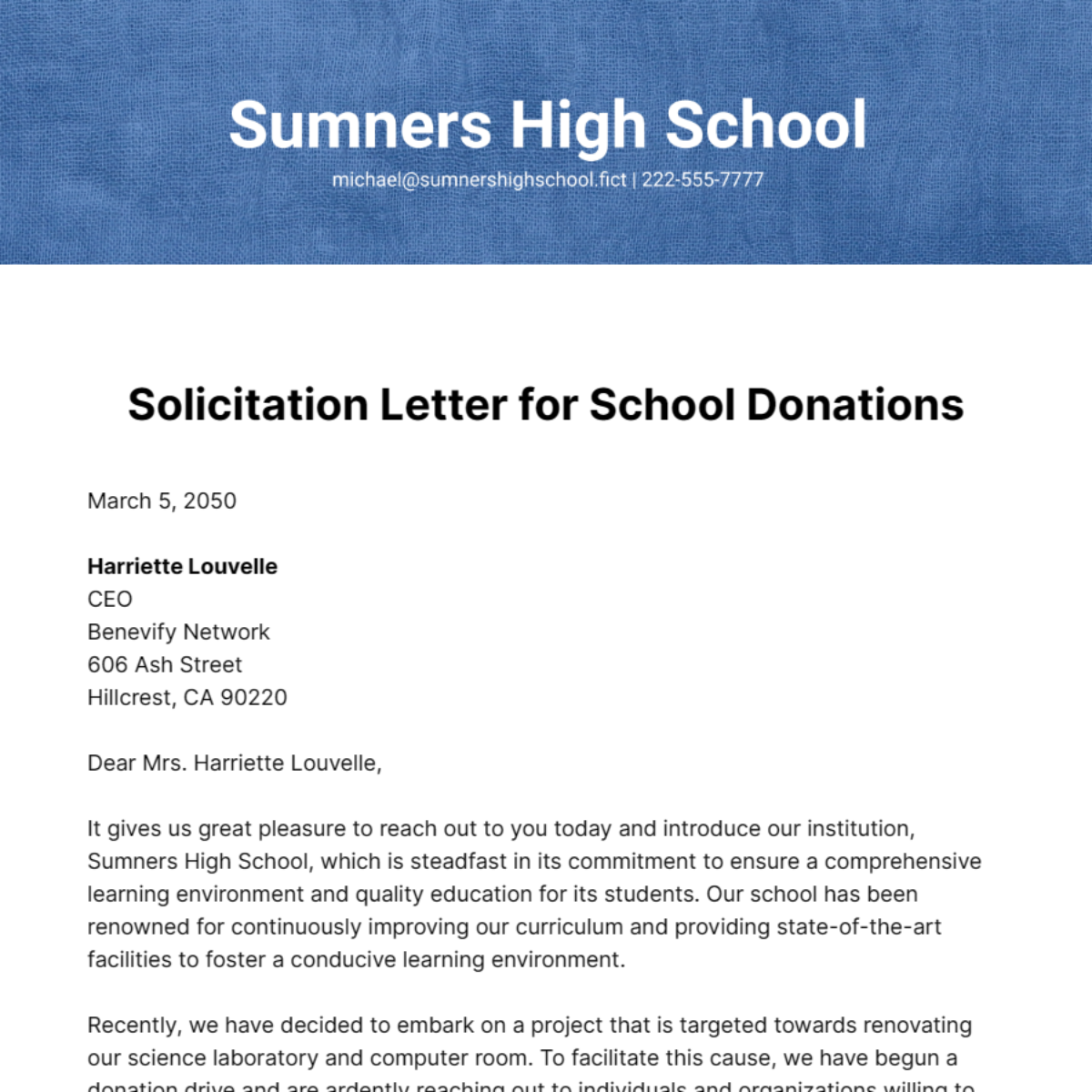 Solicitation Letter for School Donations Template