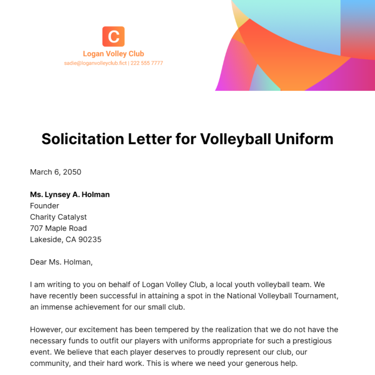 Free Solicitation Letter for Volleyball Uniform Template