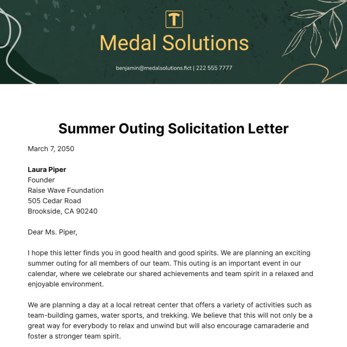 Summer Outing Solicitation Letter Template