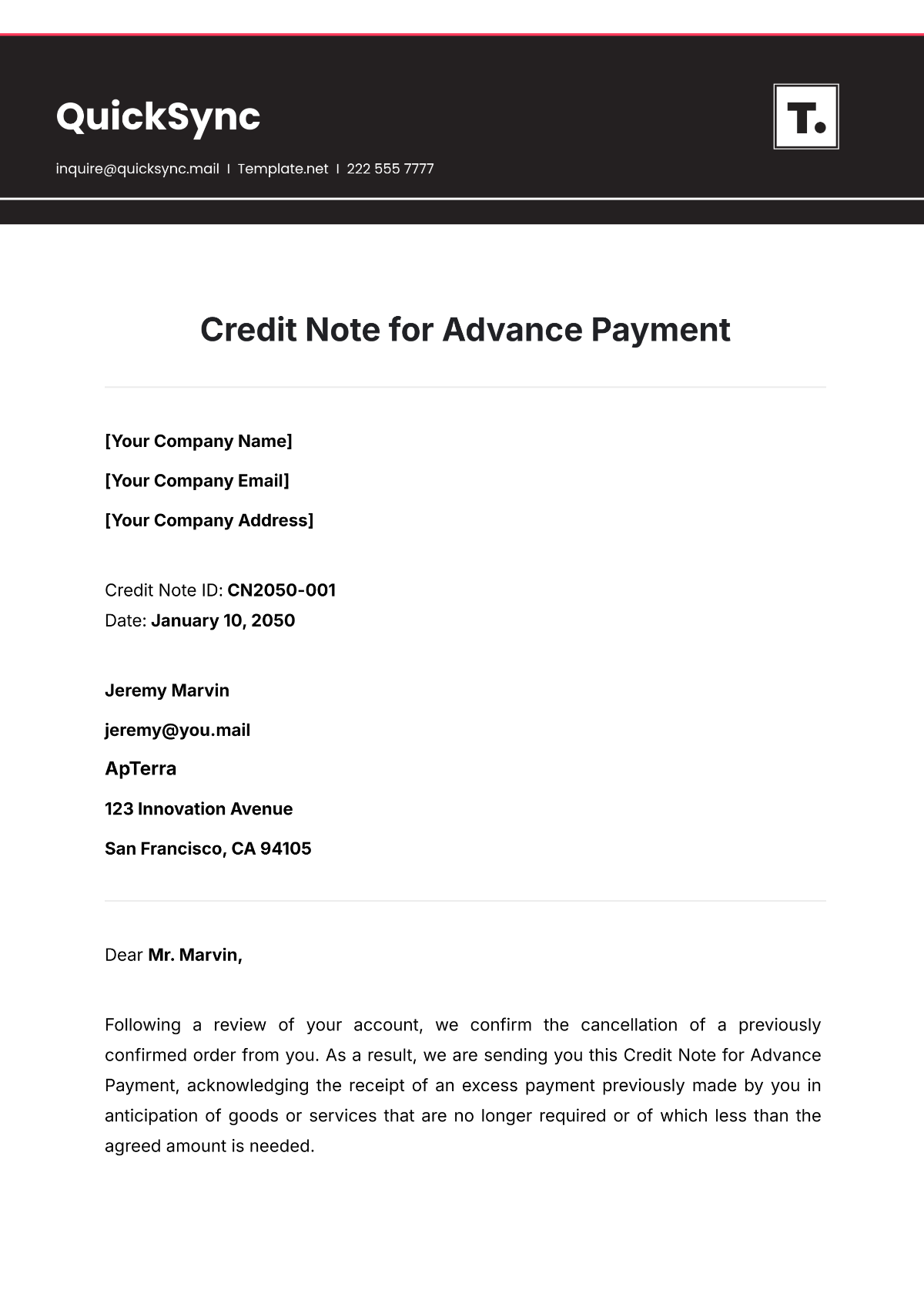 Credit Note for Advance Payment Template - Edit Online & Download