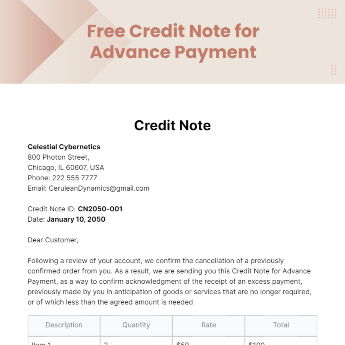 Free Credit Note for Advance Payment Template