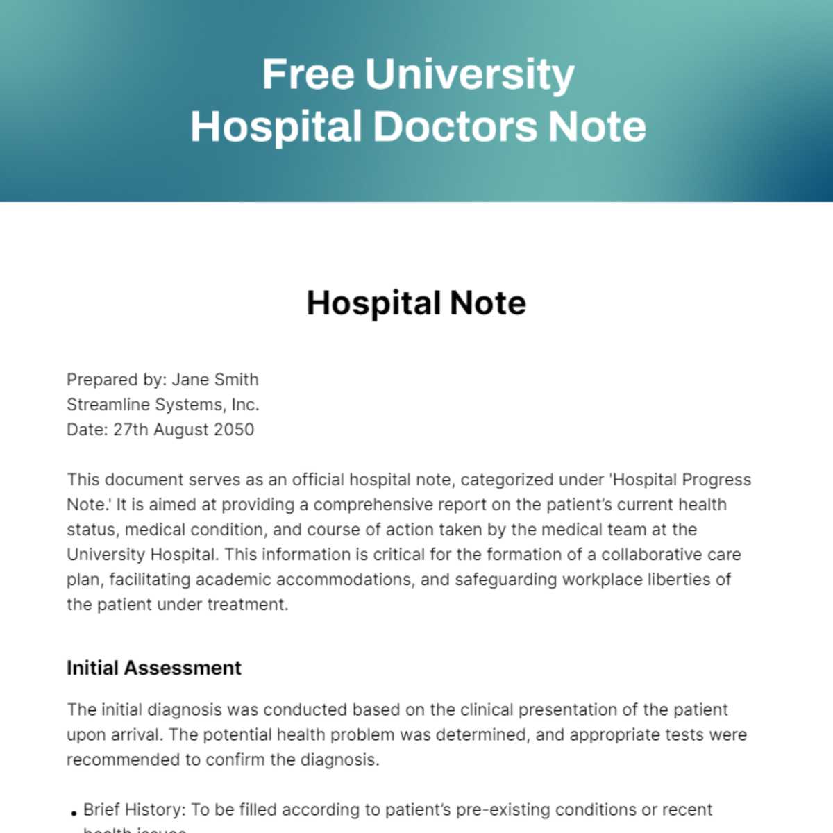 University Hospital Doctors Note Template