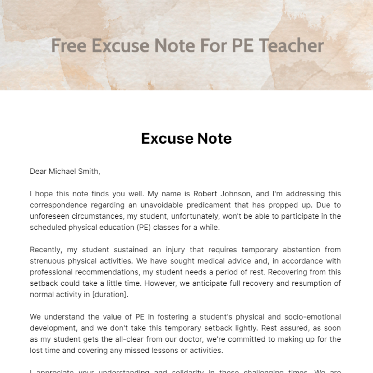 Free Excuse Note For PE Teacher Template