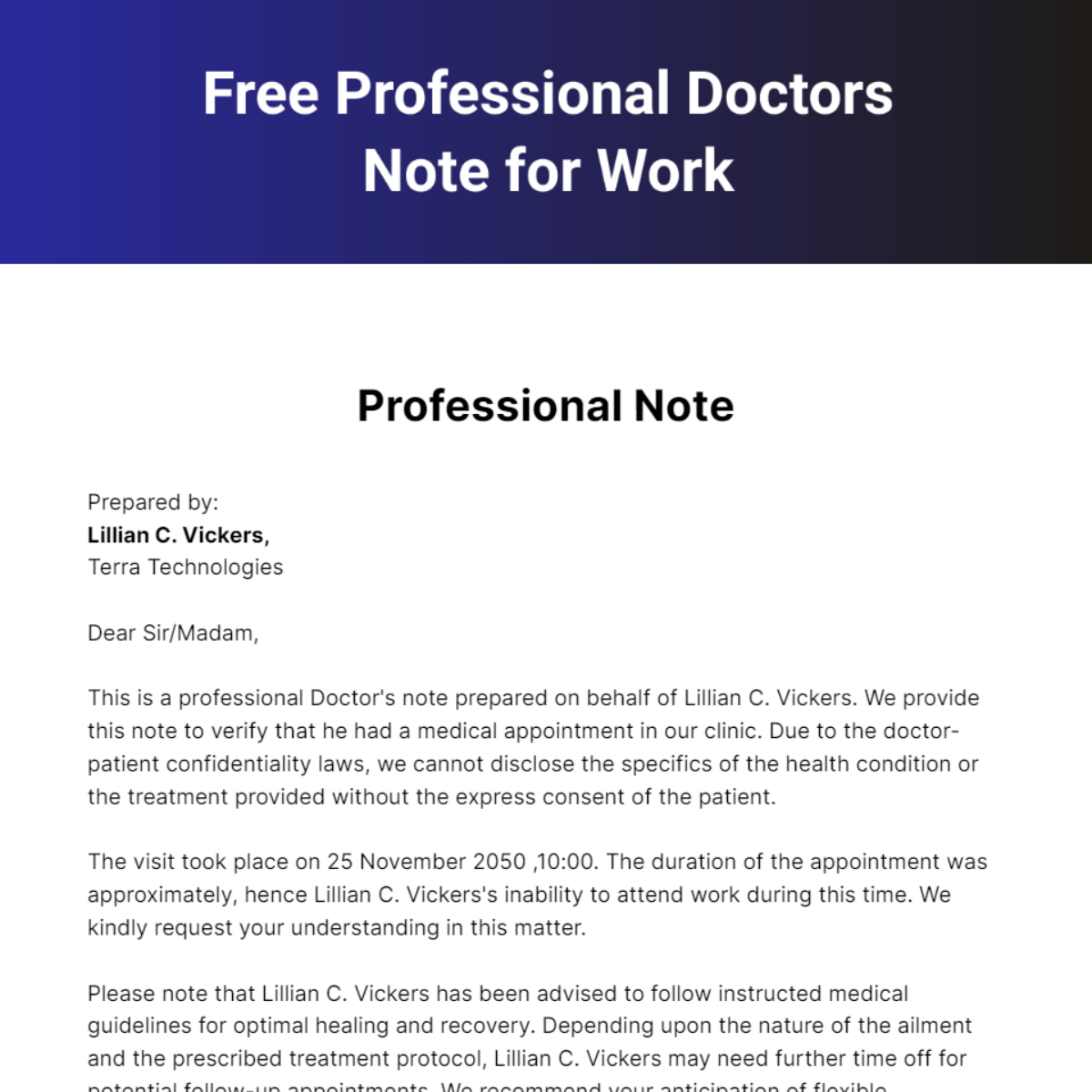 Free Professional Doctors Note for Work Template